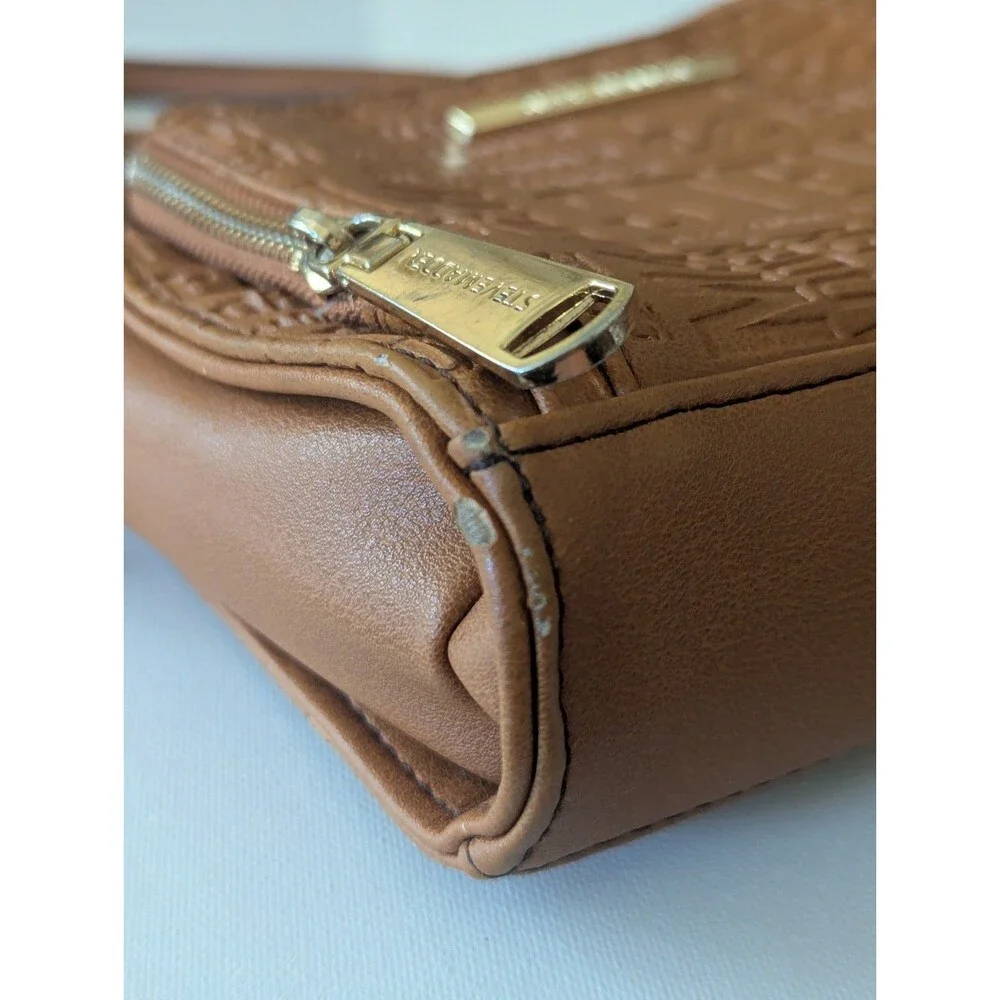 Steve Madden Purse Brown Cognac Logo Embossed Faux Leather Crossbody Bag Gold